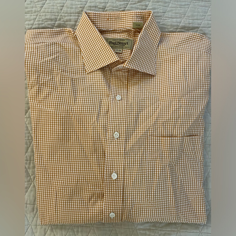 Paul‎ Stuart Small Gingham Check Spread Collar Shirt in Pumpkin 17 1/2-34 $375